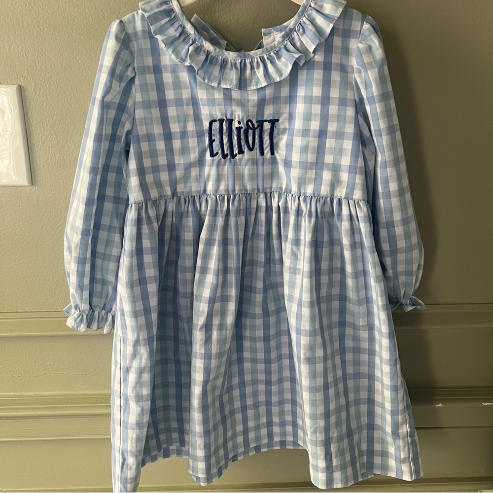 “Elliott” Personalized Blue Gingham Stitchy Fish Long Sleeve Dress